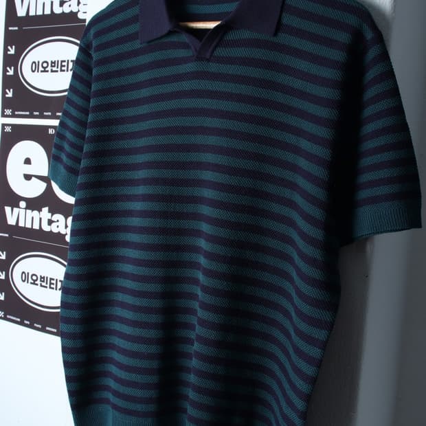 (L-XL) 탑텐 반팔 카라 티셔츠 니트 스트라이프 그린-H33388