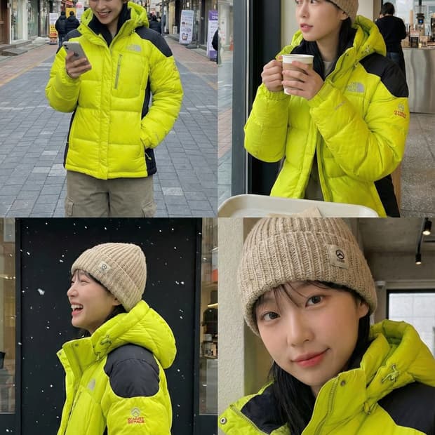 노스페이스 시선강탈 형광 네온 라임 구스다운 숏패딩 90(S)실측M