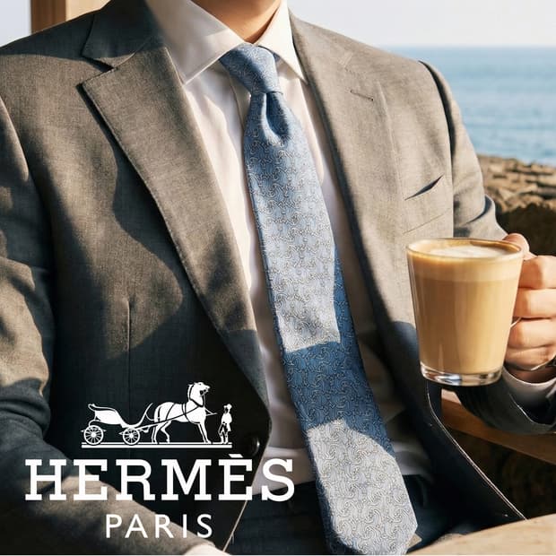 에르메스 실크 스카이블루 체인 패턴 넥타이 9.5cm B등급 K1373
