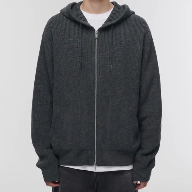 (XL) 무탠다드 리브드 니트 후디드 집업 [미디엄 그레이]