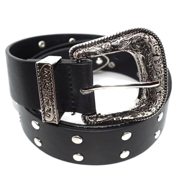 Western Engraved Silver Buckle Black Lea