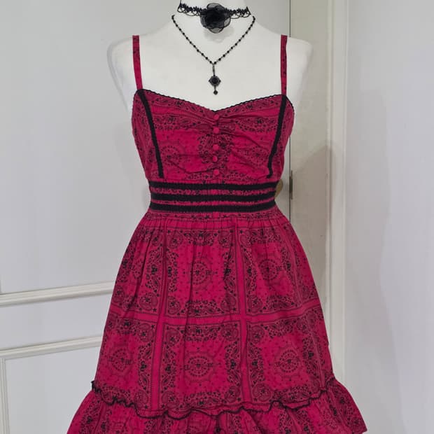 고전 리즈리사돌)일본빈티지 오네갸루 레드스컬 아메카지 고딕로리타캉캉원피스