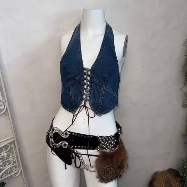 Denim western laceup halter crop bustier
