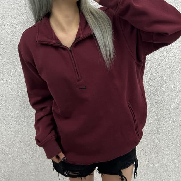 나이키 블랙 스우시 포켓 버건디 반집업 맨투맨 L