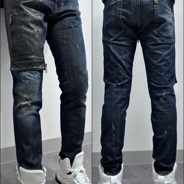 디스퀘어드2 11fw 루키 3 레더 판넬 데님 팬츠