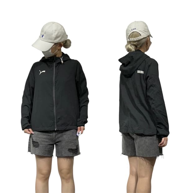 푸마 블랙 바람막이 화이트 로고 후드 트랙 자켓 L
