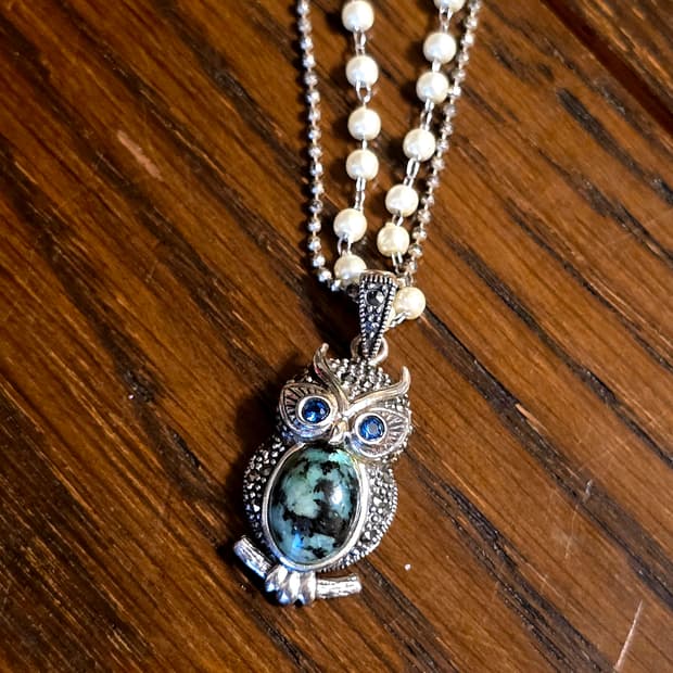 터키석 부엉이 팬던트 은 목걸이