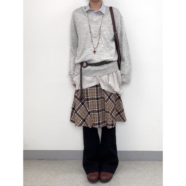 빈티지 베이지 체크 울 스커트