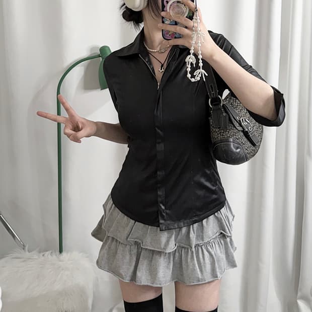 블랙 레더 무드 집업 셔츠