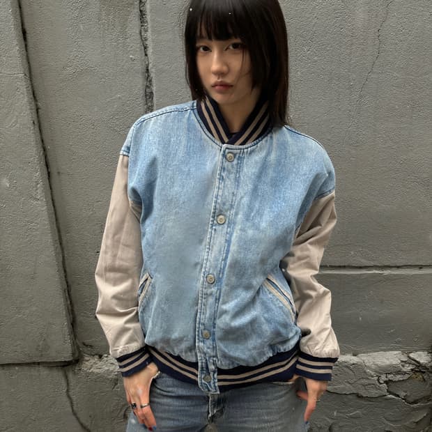 90s old vintage denim varsity jacket 