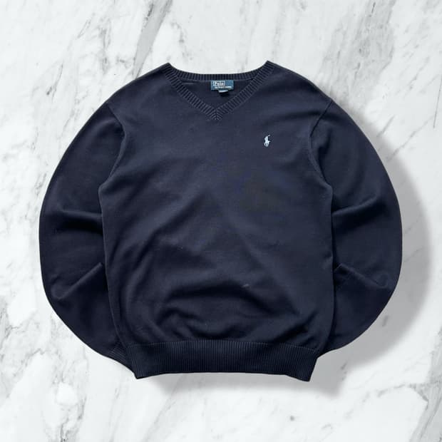 폴로 랄프로렌 스카이블루 포니 네이비 브이넥 니트