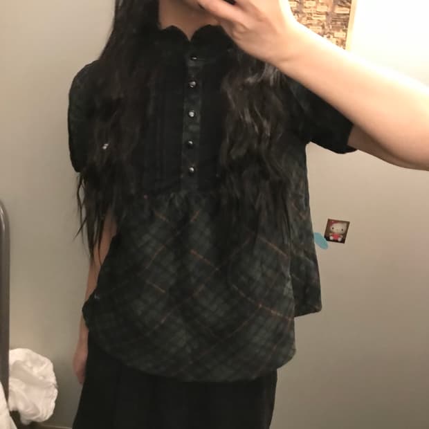 JPN Vintage 모리걸 그린 벨벳 체크 블라우스