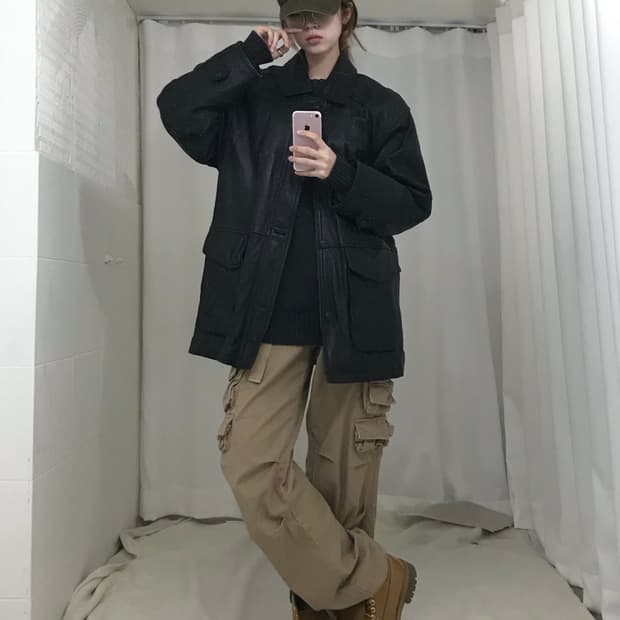 빈티지 레더 버튼 집업 가죽 자켓