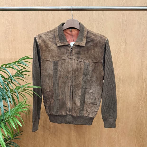 빈티지 스웨이드 니트 하이브리드 집업 자켓 하이넥 절개 디테일 브라운