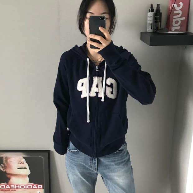 갭 GAP 중앙 자수로고 네이비 후드집업 딱붙핏