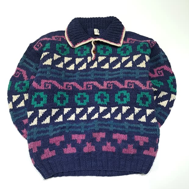 CL207 2XL 이달고 에콰도르 핸드니트 울 에스닉 네이비 헨리넥