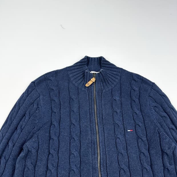 타미힐피거 플래그 네이비 꽈배기 니트 집업 (M)