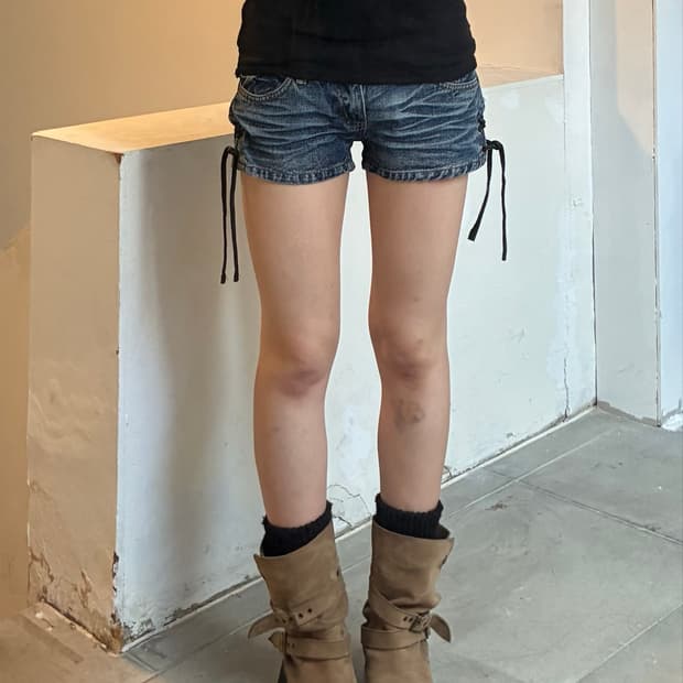 S)Visalia 빈티지 여성 레이스업 디테일 데님 숏팬츠