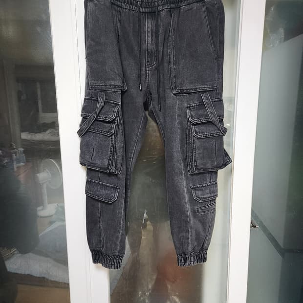 준지 멀티 카고 흑청 데님 조거 팬츠 48