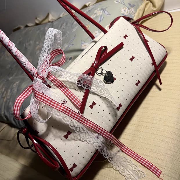 새상품) 발레코어,양산형 지뢰계 리본 토트백 레드/아이보리🎀