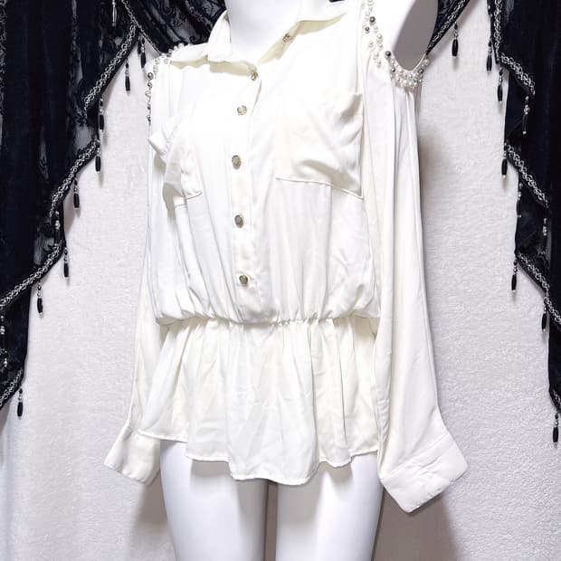 잉그니 진주 숄더트임 쉬폰블라우스 셔츠 튜닉 로맨틱갸루 히메 로걀탑 핀터