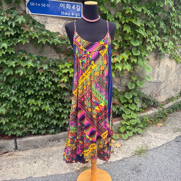 에스닉 보헤미안 기하학 패턴 항아리 민소매 나시 롱 원피스