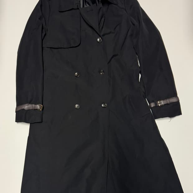 여성 마리마켓 가죽 소매 더블 트렌치 코트 블랙