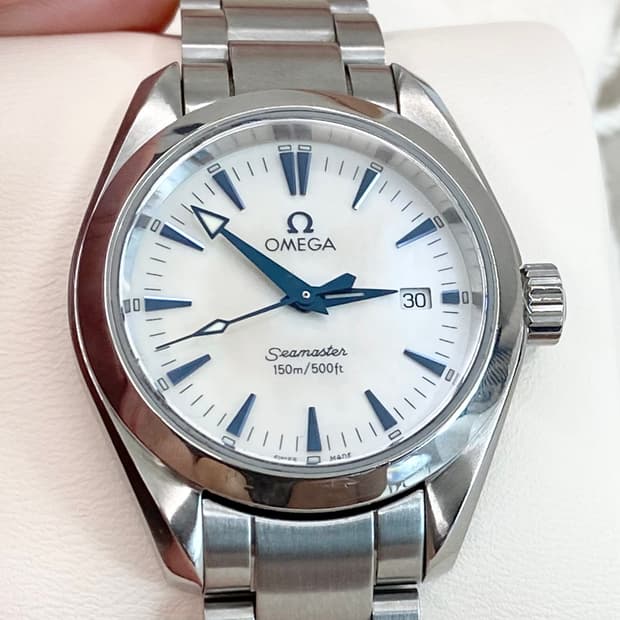 오메가 아쿠아테라 여성용2577.70 블루핸즈 펄 문자판 29mm 쿼츠