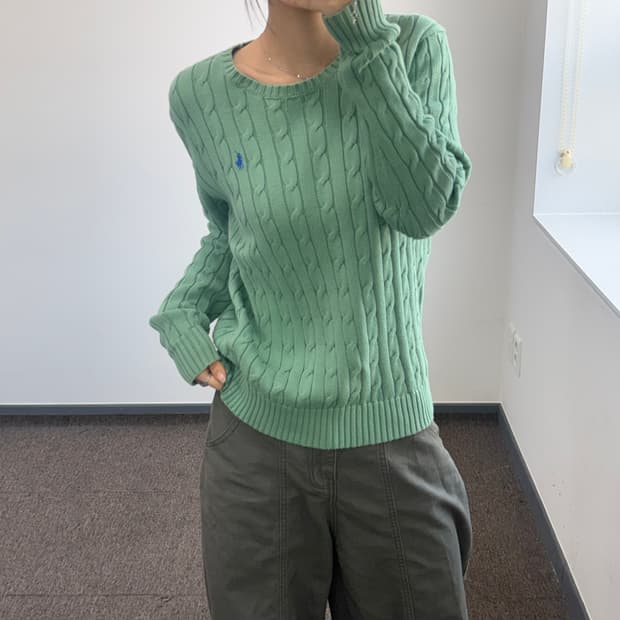 Polo 폴로 블루 포니 그린 케이블 니트