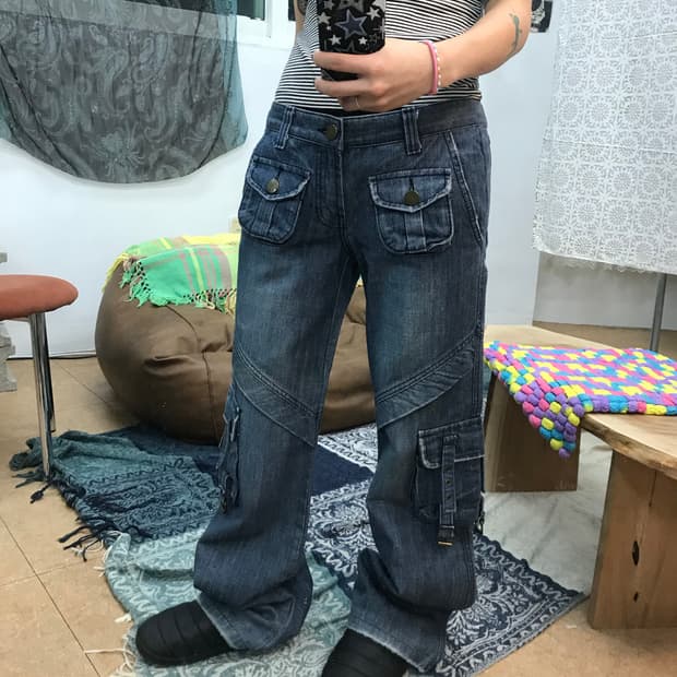빈티지 여성 포켓 카고 데님팬츠 