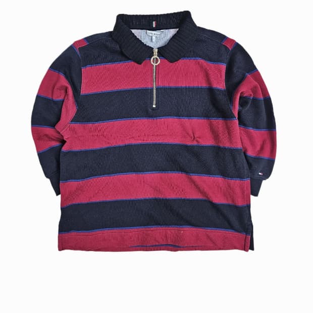 [S] 타미힐피거 네이비/레드 볼드 스트라이프 하프집업 (7부 소매)