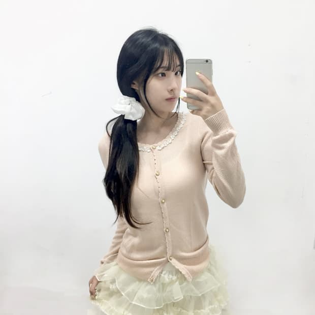 로걀 핑크 진주 레이스 가디건