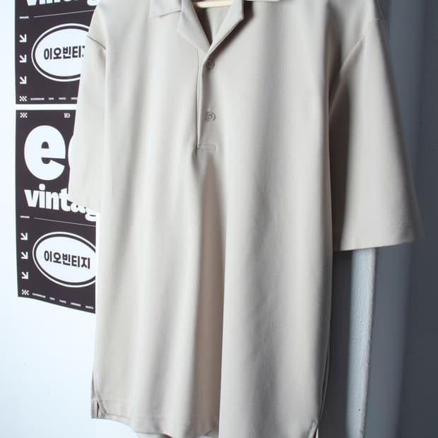 (L-XL) 드로우핏 반팔 카라 티셔츠 브이넥 베이지 무지-H35638