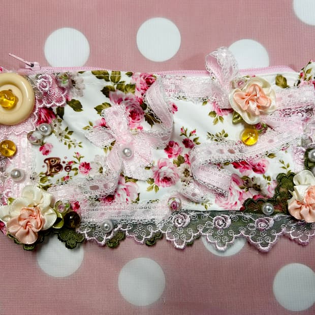 ･:*+. 핸드메이드 로즈 리본 히메갸루 레이스 파우치  