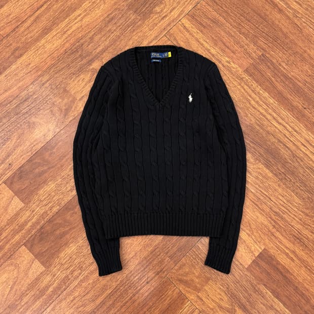 여성용 L 폴로 랄프로렌 피마코튼 브이넥 케이블 블랙 니트 