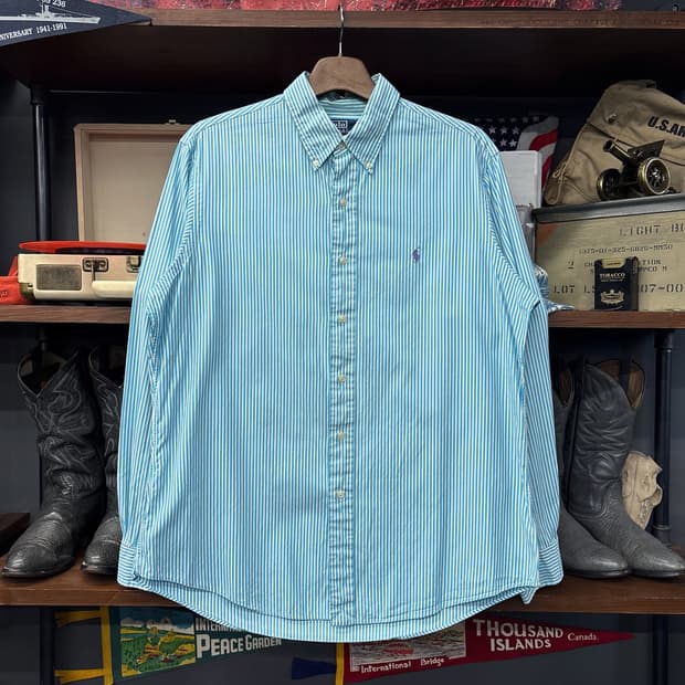 90s 폴로 랄프로렌 클래식 스트라이프 버튼다운셔츠 스카이블루 N1163