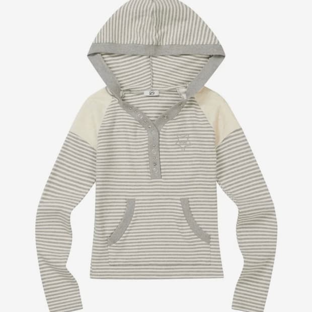 일리고 스트라이프 레이스 배색 후드 블랙 아이보리 멜란지