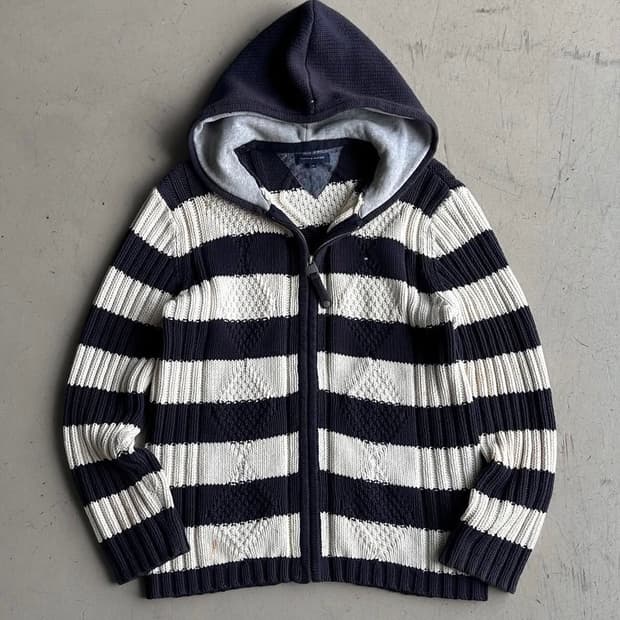 타미힐피거 스트라이프 니트 집업 네이비