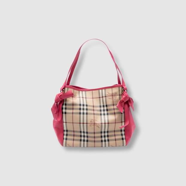 버버리 핑크 헤이마켓 체크 리본 토트백