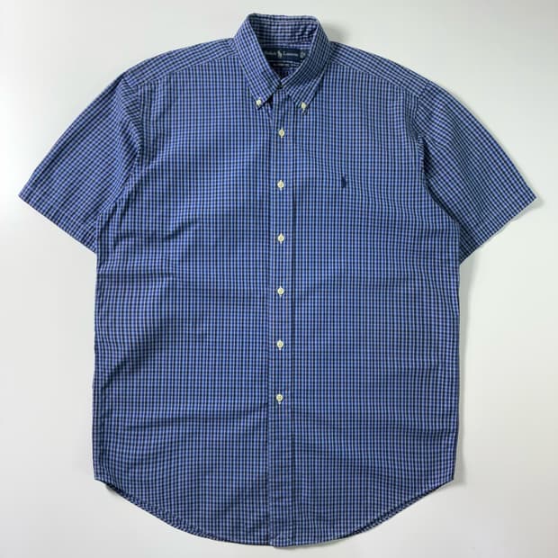 Polo  폴로 랄프로렌 자수 코튼 블루 깅엄체크 반팔셔츠 