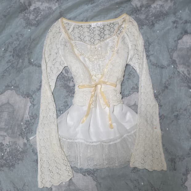 빈티지 리즈리사 나비 슬리브리스 나시 퍼 가디건 페어리 모리 코디셋