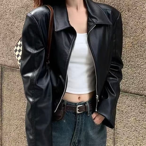 블랙 pu 레더 자켓