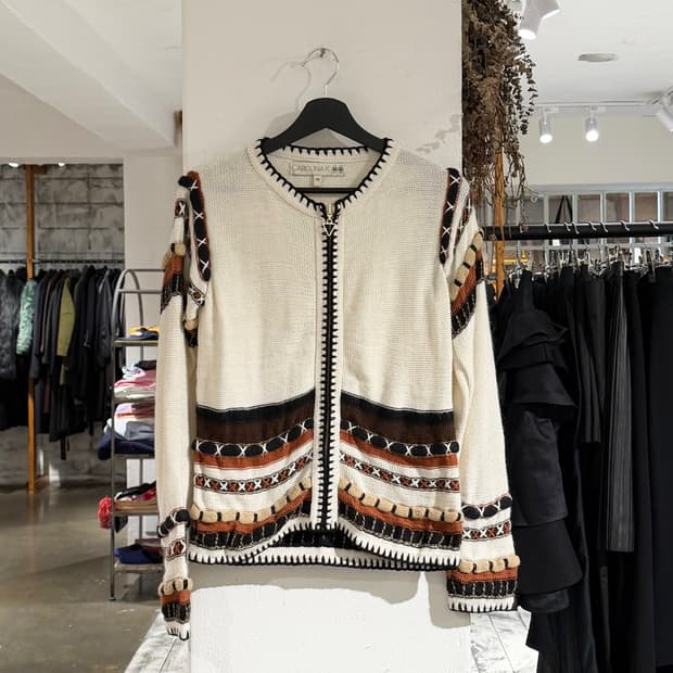 빈티지 캐롤리나 케이 아이보리 배색 니트 집업 가디건