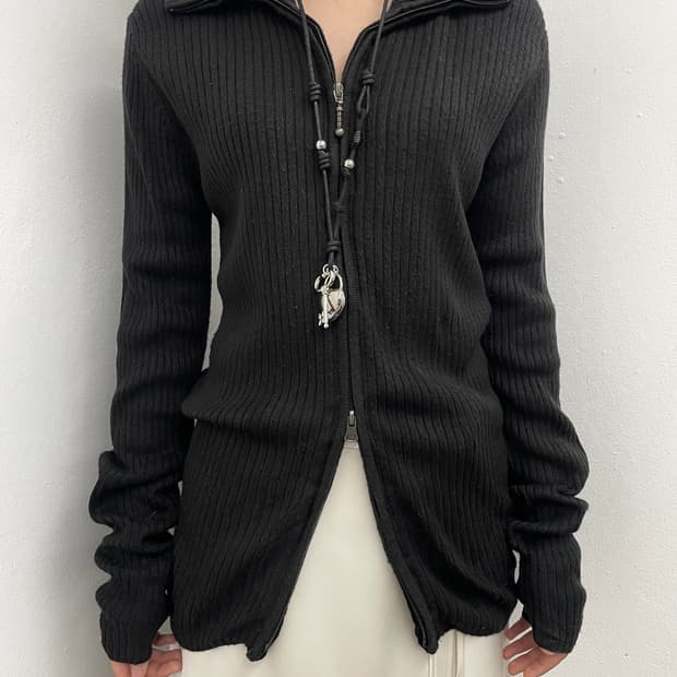 블랙 골지 투웨이 니트 집업