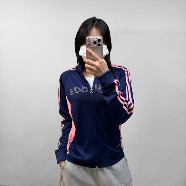 아디다스 글리터 큐빅 트랙탑 져지 네이비 핑크