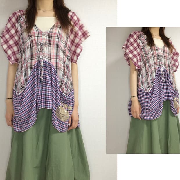 츠모리치사토 캣 체크 셔링 블라우스 튜닉