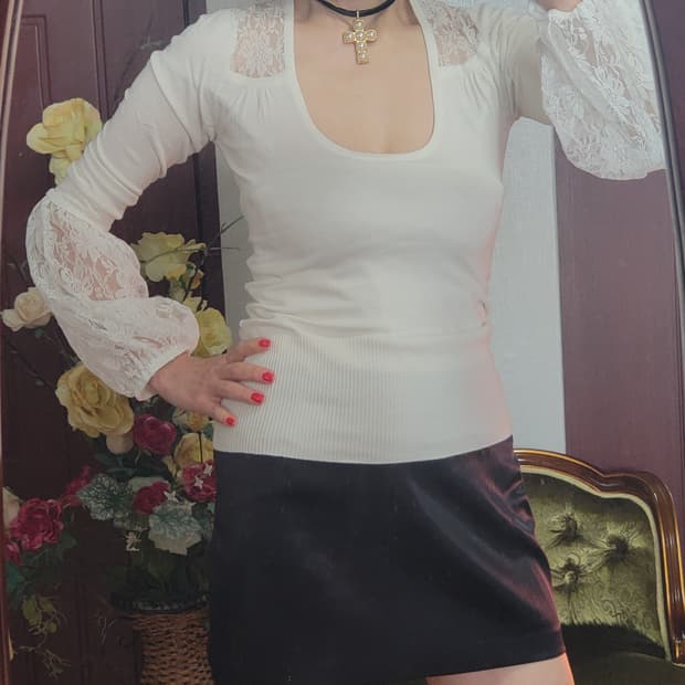 프랑스 모르간 레이스 소매 니트