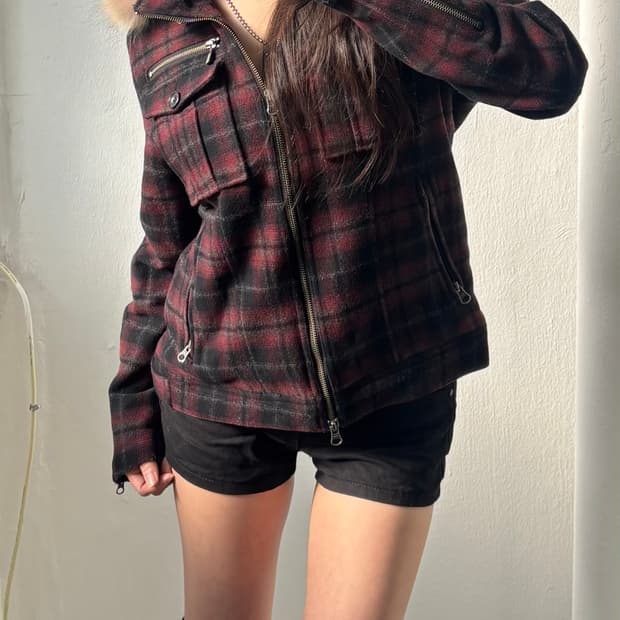 Japanese Vintage Check Fur Hood Jacket