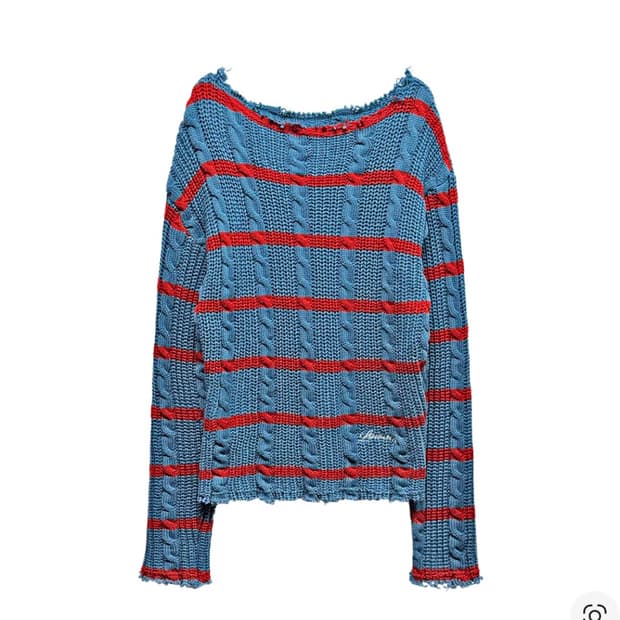 랜 아카이브 0090 프레이드 케이블 스트라이프 니트 - 블루