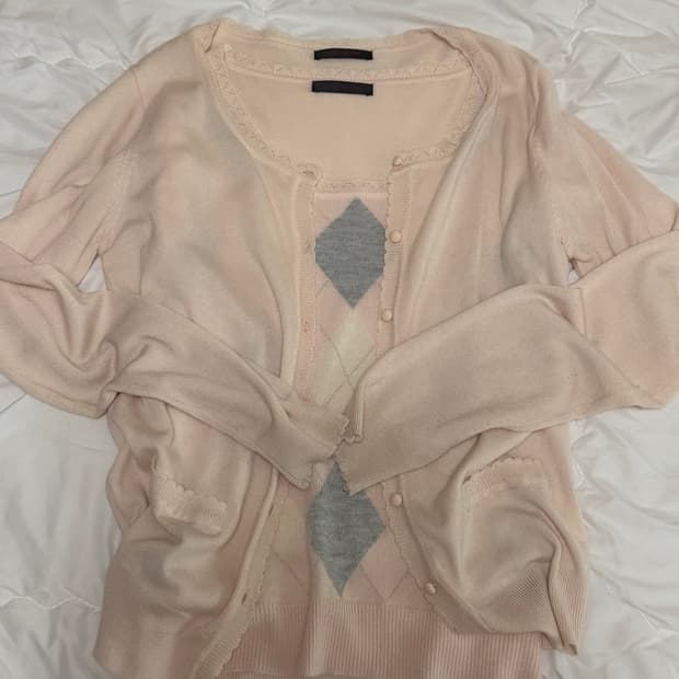 vino rouge 핑회 아가일 반팔 가디건 세트